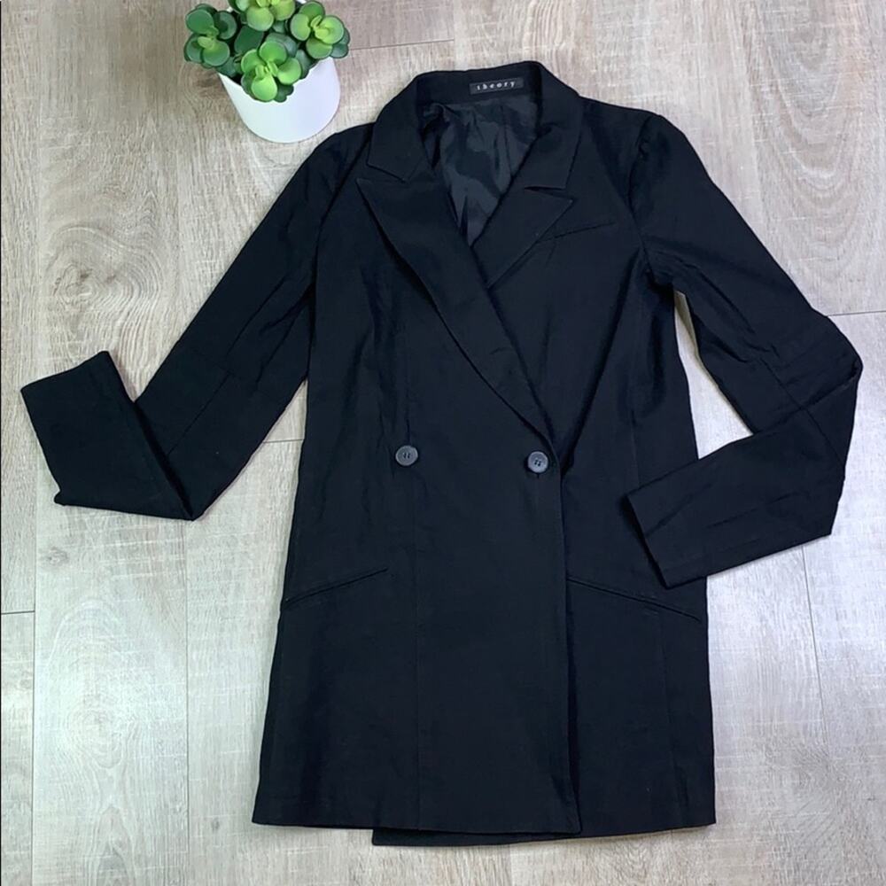 Theory Women's Black Trench Coat Blazer Button Front Size Medium
